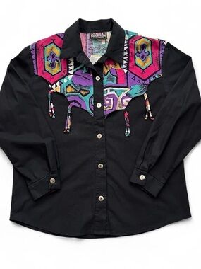 Vintage 1990s Western Black Button Shirt with Multicolor Southwestern Yoke L